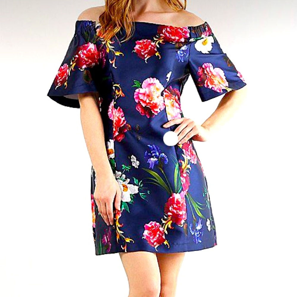 LARA Fashion-Satin Navy Floral Bell-Sleeve Off-Shoulder Dress / Size Medium/NWT